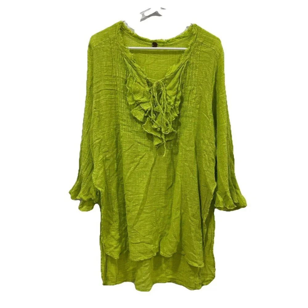 Women’s Free People One Green Bright Poppy Ruffled Collar Small S Blouse‎ Shirt